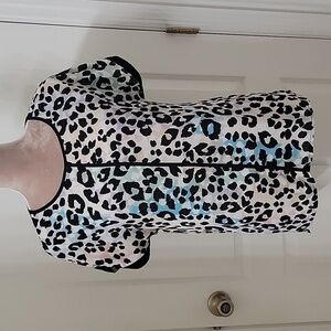 Spense, Size S Semi Sheer White w/Multi Pastel Color and Black Animal Print Top